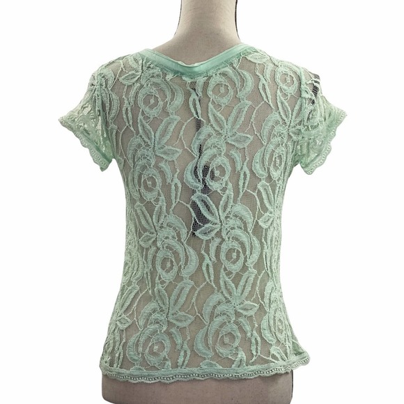 Poof Mint Green Sheer Lace Short Sleeve Blouse - Picture 2 of 11